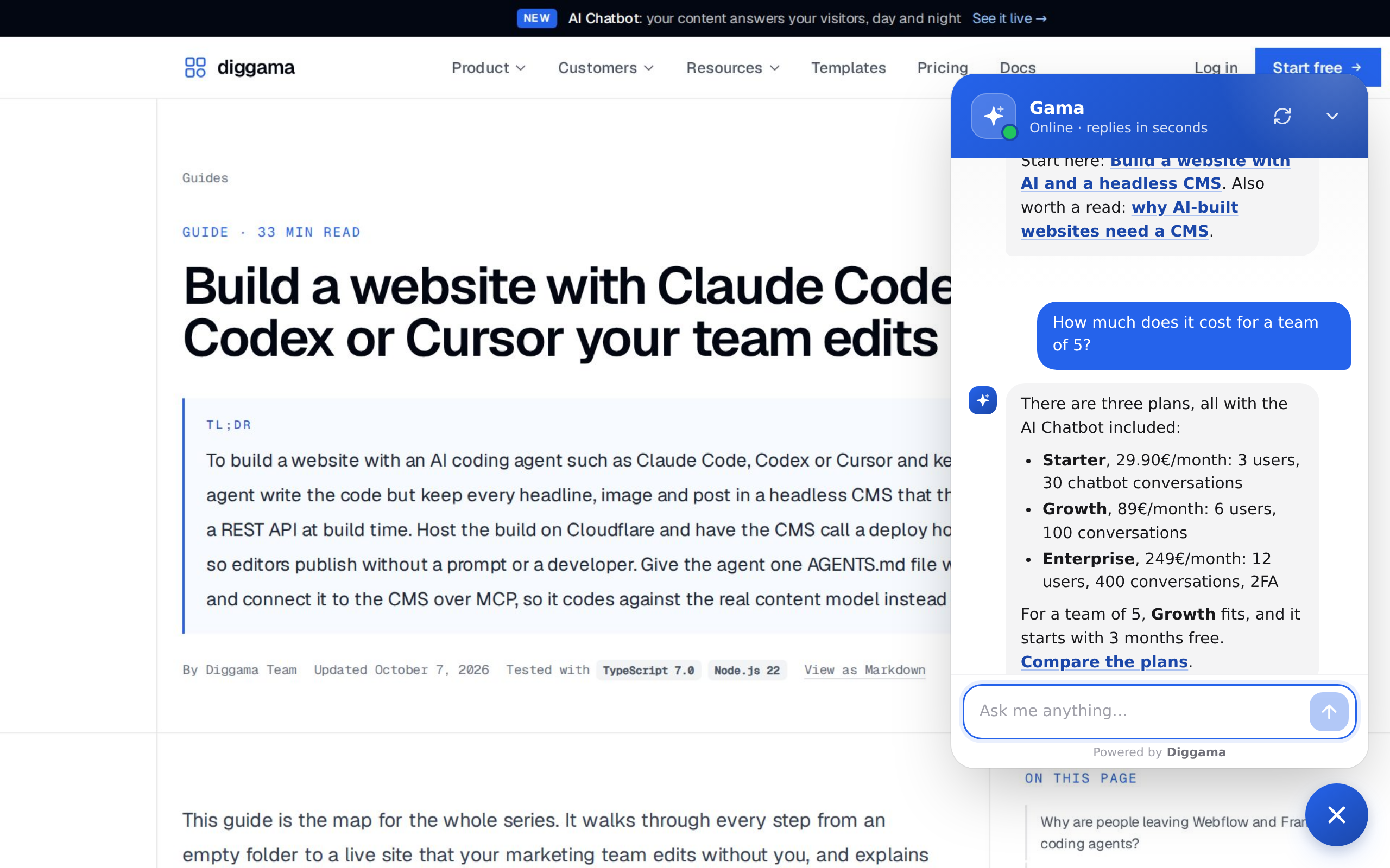 The Diggama AI Chatbot answering a visitor on diggama.com, with links to the right pages