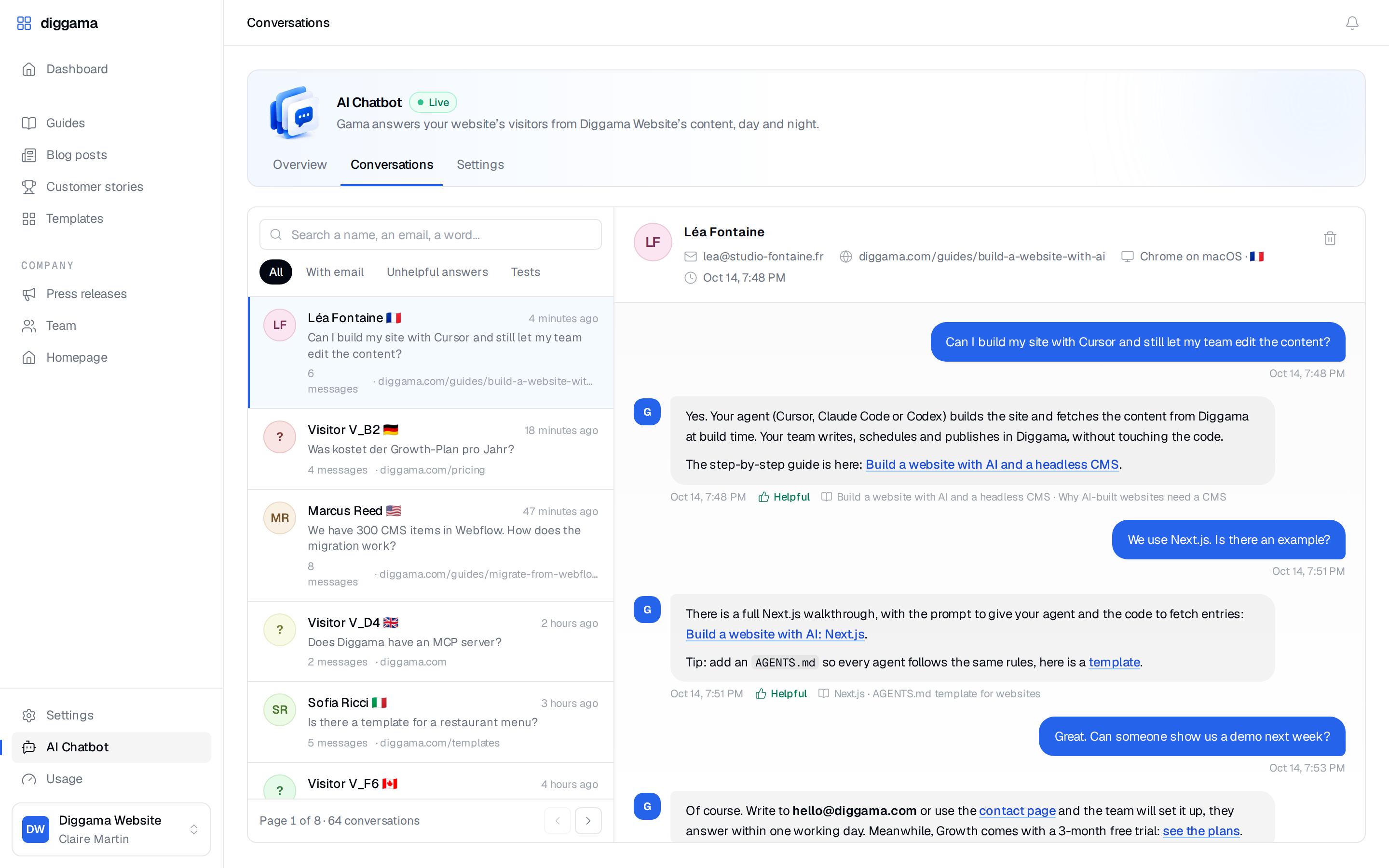 The Conversations inbox in Diggama, listing visitor conversations with the page, browser and country, and a full transcript open on the right.