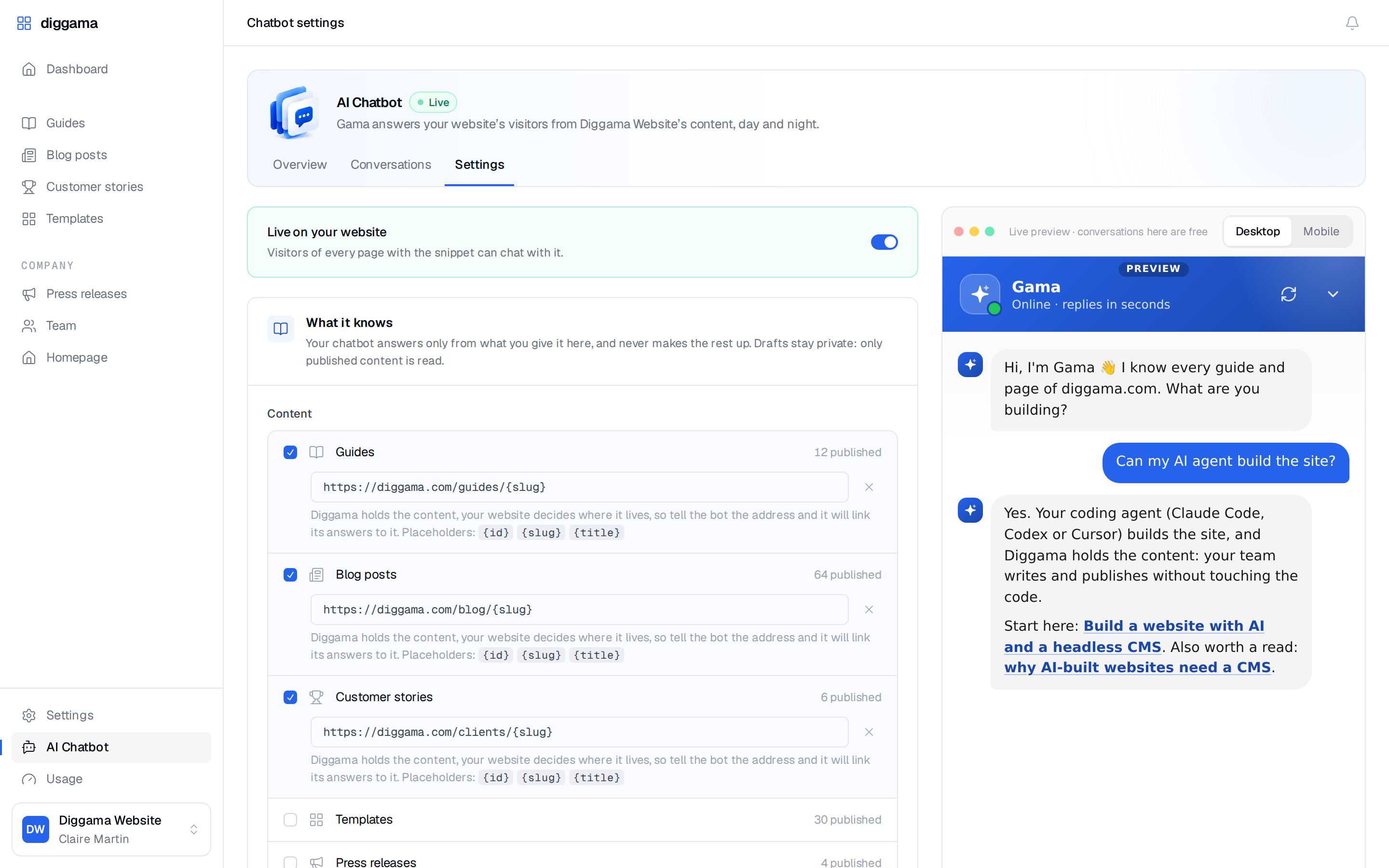 Setting up the Diggama AI Chatbot: content, sitemap, documents, look and instructions