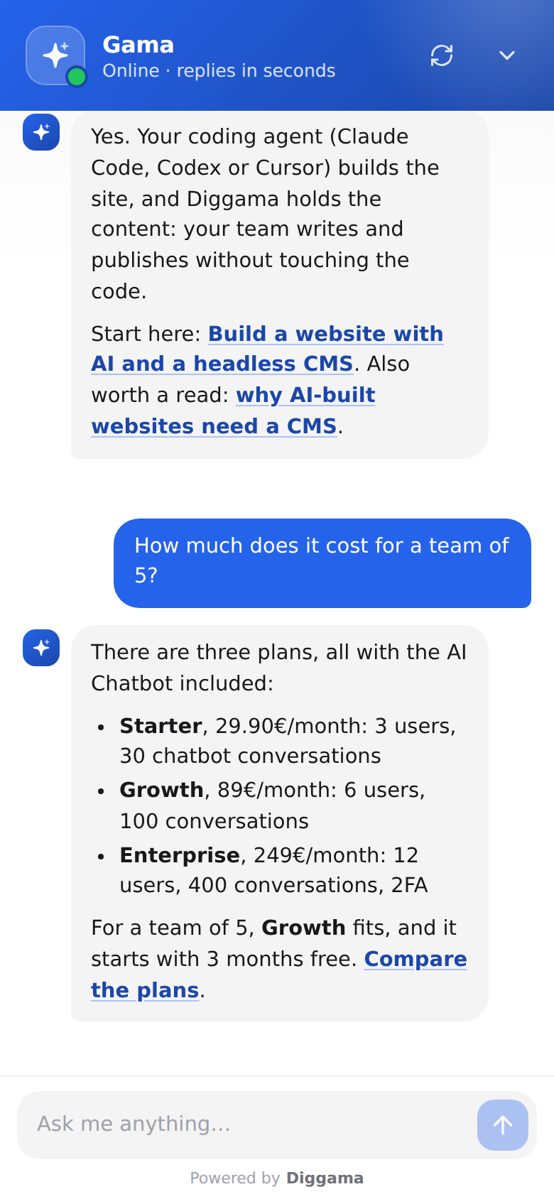 The Diggama AI Chatbot open on a phone, answering a visitor's question with links to the site's pages.